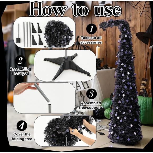 5 ft Black Curved Top Halloween Tree Artificial Crooked Neck Hinged Spruce *read - Picture 5 of 16